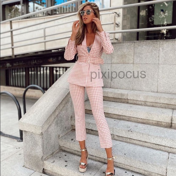 NWT Zara 2 Piece Gingham Belted Blazer + Pants SET - Picture 4 of 12